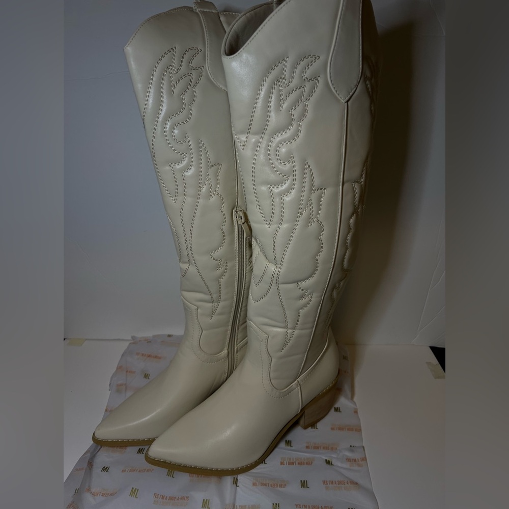 Miss Lola Cream Knee-High Boots cowboy boots